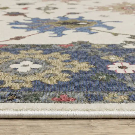 8' Blue And Ivory Floral Runner Rug With Fringe Photo 5