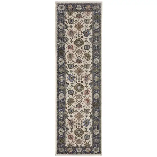 8' Blue And Ivory Floral Runner Rug With Fringe Photo 2