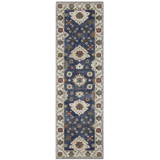 8' Blue And Ivory Floral Runner Rug With Fringe Photo 6