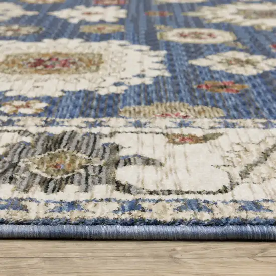 8' Blue And Ivory Floral Runner Rug With Fringe Photo 7