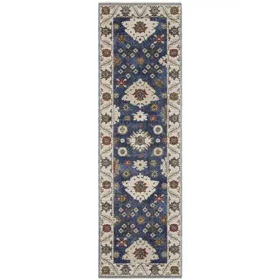 8' Blue And Ivory Floral Runner Rug With Fringe Photo 2