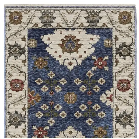 8' Blue And Ivory Floral Runner Rug With Fringe Photo 5