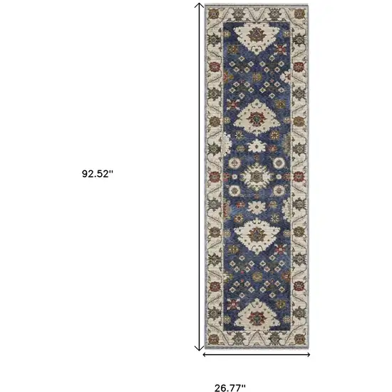 8' Blue And Ivory Floral Runner Rug With Fringe Photo 3