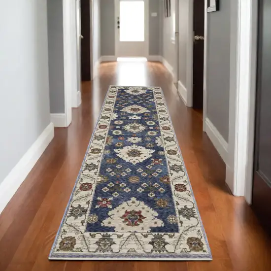 8' Blue And Ivory Floral Runner Rug With Fringe Photo 1