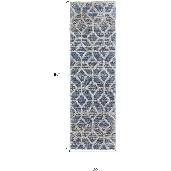 8' Blue And Ivory Geometric Power Loom Stain Resistant Runner Rug Photo 5