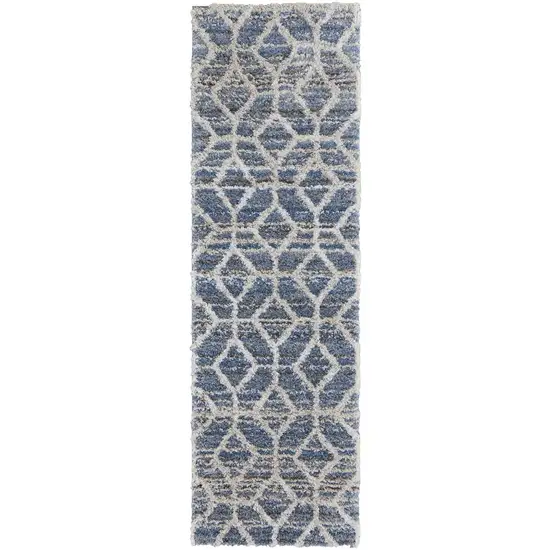 8' Blue And Ivory Geometric Power Loom Stain Resistant Runner Rug Photo 1