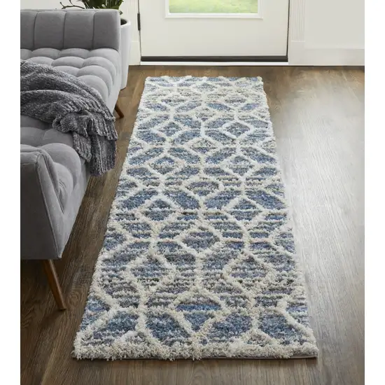 8' Blue And Ivory Geometric Power Loom Stain Resistant Runner Rug Photo 3