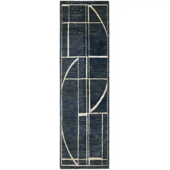 8' Blue And Ivory Geometric Runner Rug Photo 2