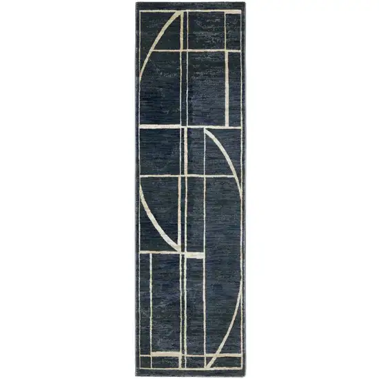 8' Blue And Ivory Geometric Runner Rug Photo 4