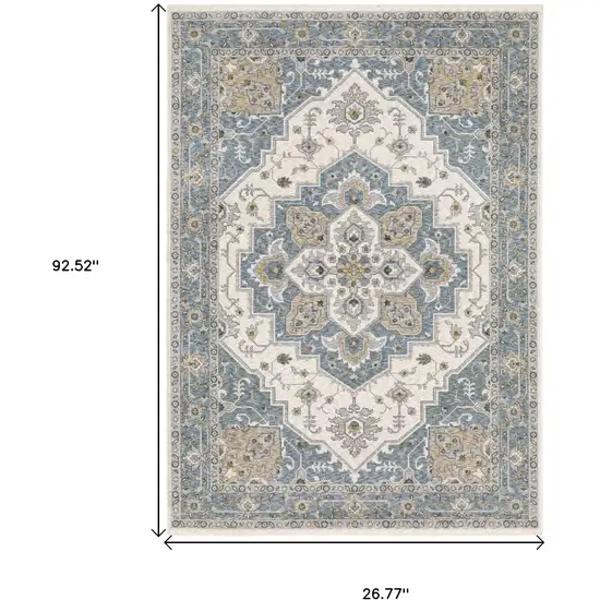 8' Blue And Ivory Medallion Runner Rug With Fringe Photo 3