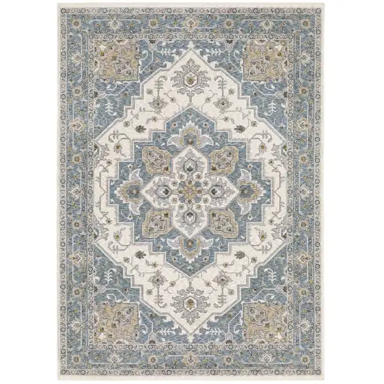 8' Blue And Ivory Medallion Runner Rug With Fringe Photo 2