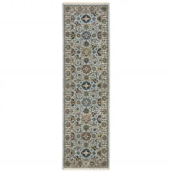 8' Blue And Ivory Oriental Power Loom Runner Rug With Fringe Photo 6