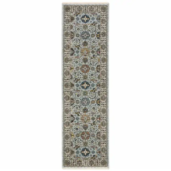 8' Blue And Ivory Oriental Power Loom Runner Rug With Fringe Photo 1