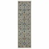 Photo of 8' Blue And Ivory Oriental Power Loom Runner Rug With Fringe