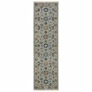 Photo of 8' Blue And Ivory Oriental Power Loom Runner Rug With Fringe