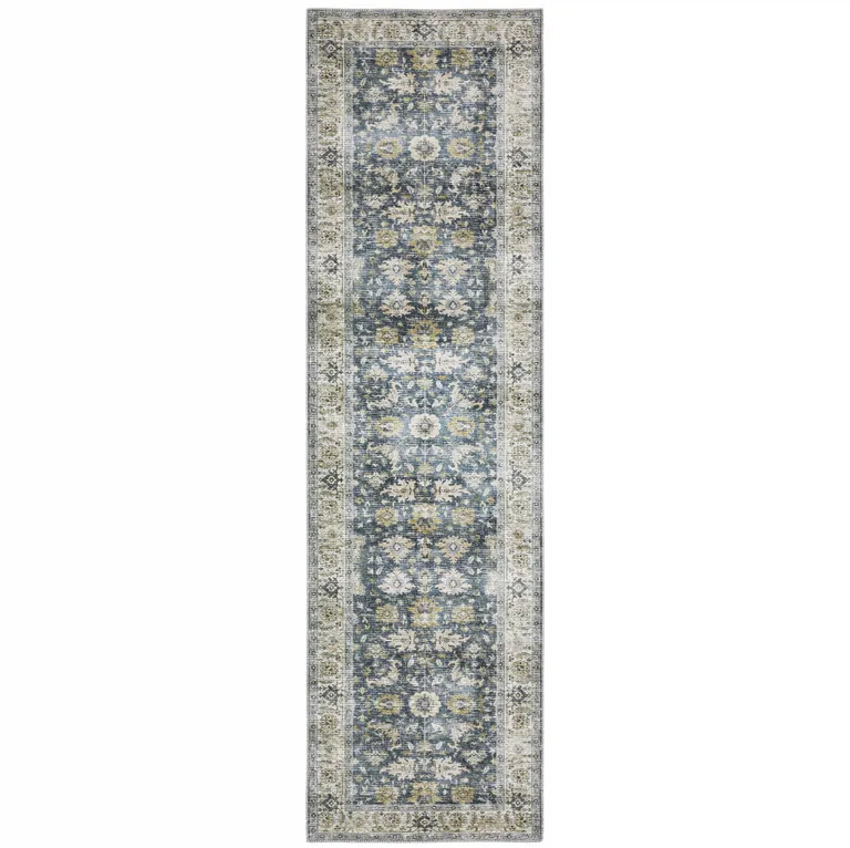 8' Blue And Ivory Oriental Printed Non Skid Runner Rug Photo 2