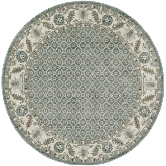 8' Blue And Ivory Oriental Round Rug Photo 2