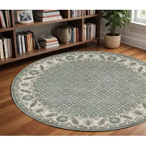 Photo of 8' Blue And Ivory Oriental Round Rug