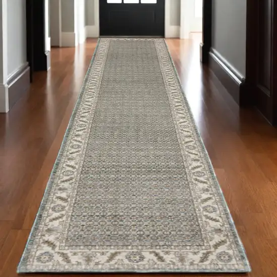 12' Blue And Ivory Oriental Runner Rug Photo 1