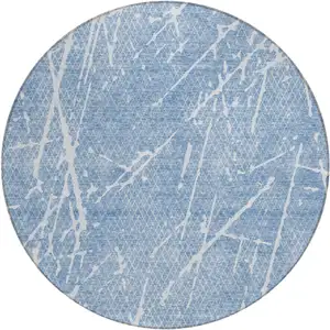 Photo of 8' Blue And Ivory Round Abstract Washable Indoor Outdoor Area Rug