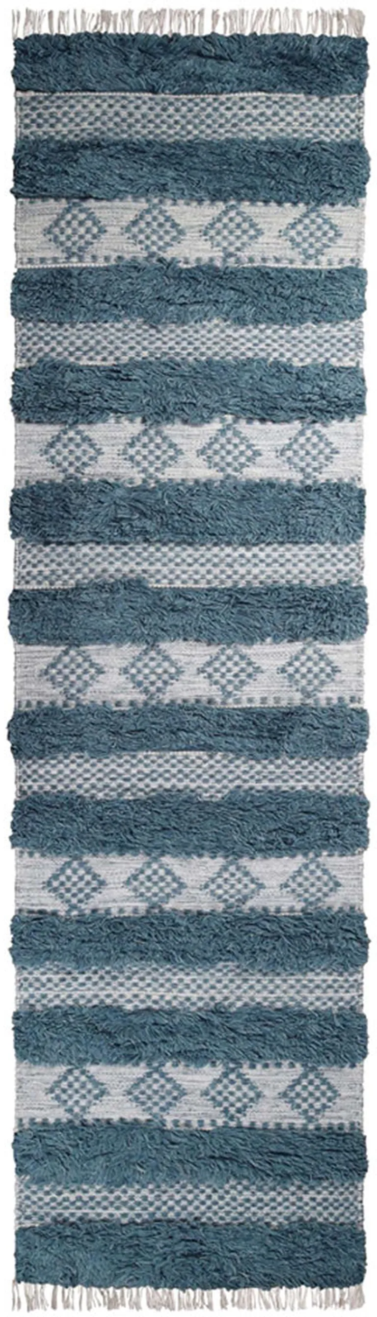 10' Blue And Ivory Wool Striped Flatweave Handmade Stain Resistant Runner Rug With Fringe Photo 1