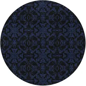 Photo of 8' Blue And Navy Blue Round Medallion Washable Indoor Outdoor Area Rug