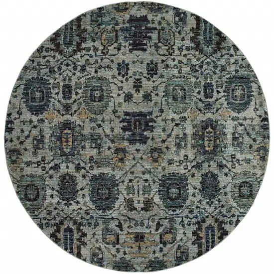 8' Blue And Navy Round Oriental Power Loom Stain Resistant Area Rug Photo 1