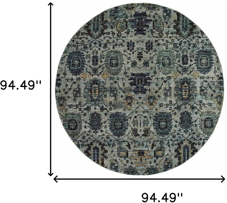 8' Blue And Navy Round Oriental Power Loom Stain Resistant Area Rug Photo 4