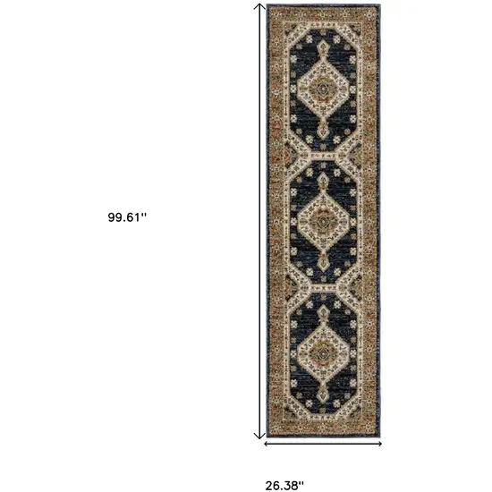 8' Blue And Orange Medallion Runner Rug Photo 3