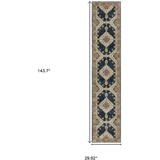 12' Blue And Orange Medallion Runner Rug Photo 3