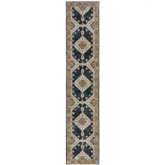 12' Blue And Orange Medallion Runner Rug Photo 2