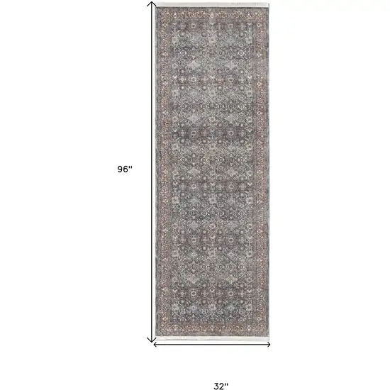 8' Blue And Red Floral Power Loom Stain Resistant Runner Rug Photo 4