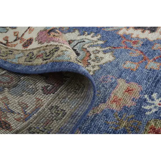 8' Blue And Red Wool Floral Hand Knotted Stain Resistant Runner Rug Photo 5