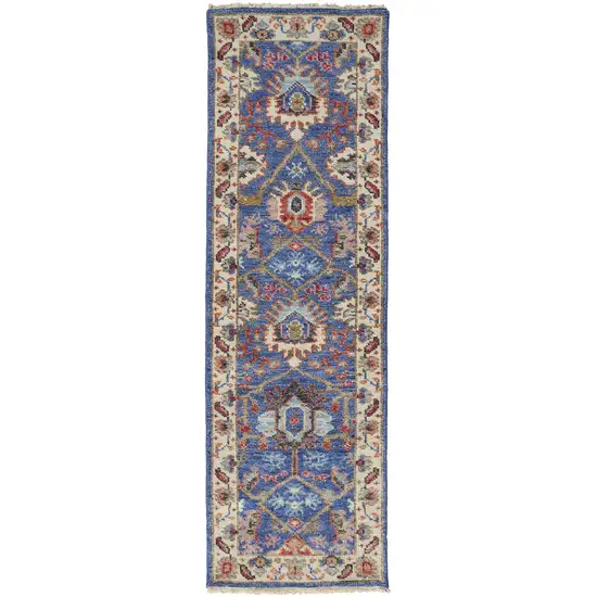 8' Blue And Red Wool Floral Hand Knotted Stain Resistant Runner Rug Photo 1