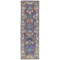 Photo of 8' Blue And Red Wool Floral Hand Knotted Stain Resistant Runner Rug
