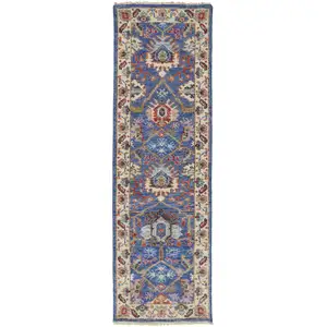 Photo of 8' Blue And Red Wool Floral Hand Knotted Stain Resistant Runner Rug