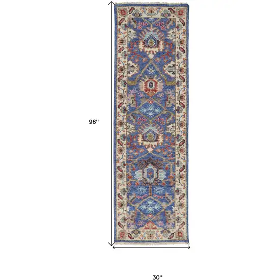 8' Blue And Red Wool Floral Hand Knotted Stain Resistant Runner Rug Photo 6