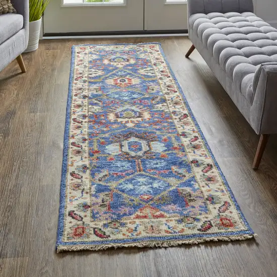 8' Blue And Red Wool Floral Hand Knotted Stain Resistant Runner Rug Photo 4