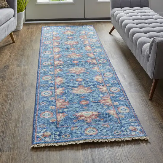 8' Blue And Red Wool Floral Hand Knotted Stain Resistant Runner Rug Photo 3