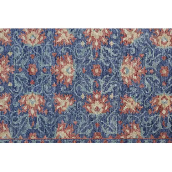 8' Blue And Red Wool Floral Hand Knotted Stain Resistant Runner Rug Photo 4