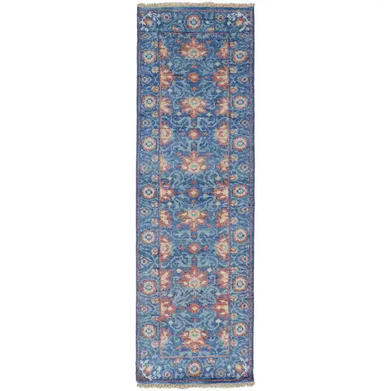 8' Blue And Red Wool Floral Hand Knotted Stain Resistant Runner Rug Photo 1