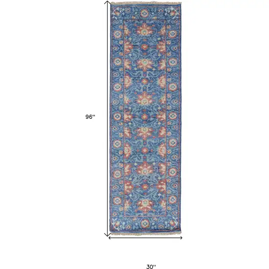 8' Blue And Red Wool Floral Hand Knotted Stain Resistant Runner Rug Photo 6