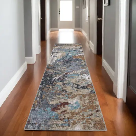 8' Blue And Rust Abstract Distressed Runner Rug Photo 1