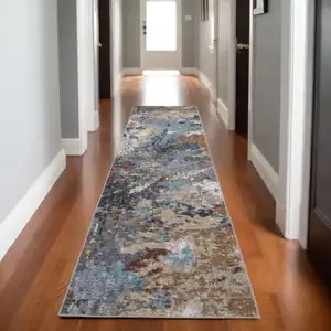 Photo of 8' Blue And Rust Abstract Distressed Runner Rug