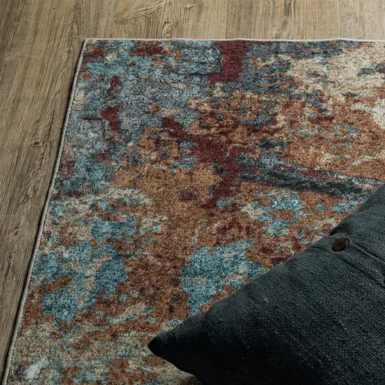 8' Blue And Rust Abstract Distressed Runner Rug Photo 6