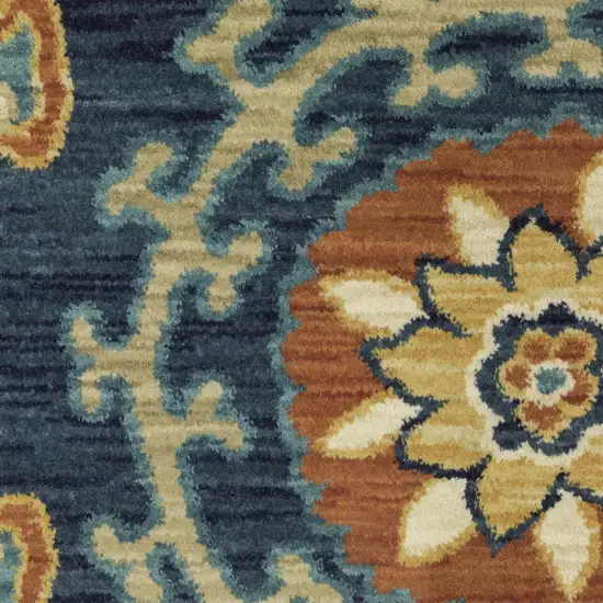 8' Blue And Rust Medallion Runner Rug With Fringe Photo 7