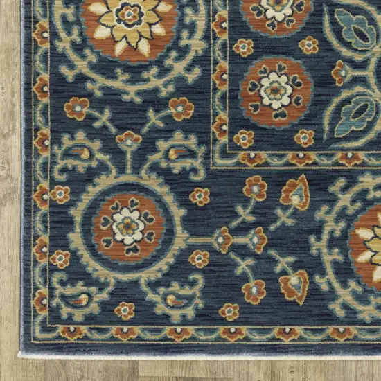 8' Blue And Rust Medallion Runner Rug With Fringe Photo 8