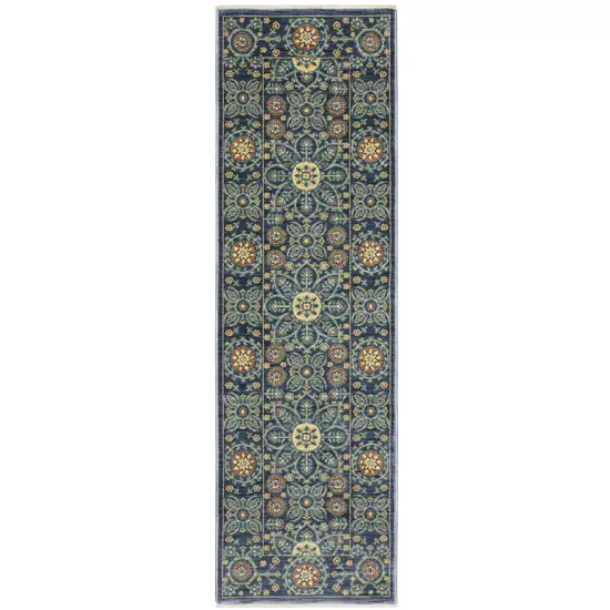 8' Blue And Rust Medallion Runner Rug With Fringe Photo 2