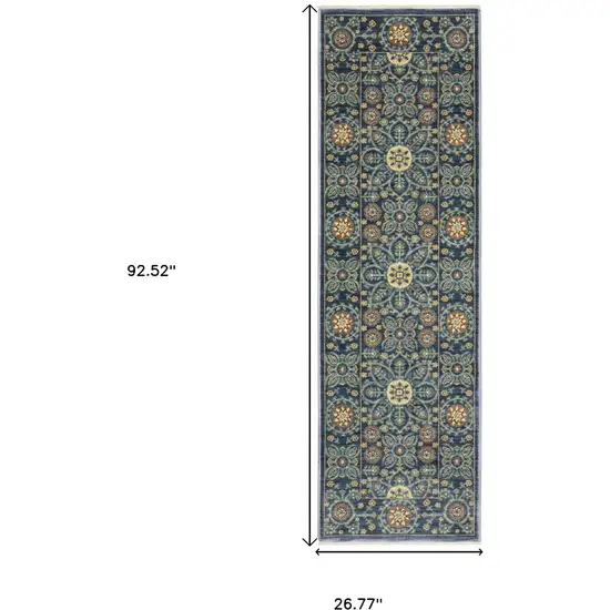 8' Blue And Rust Medallion Runner Rug With Fringe Photo 3