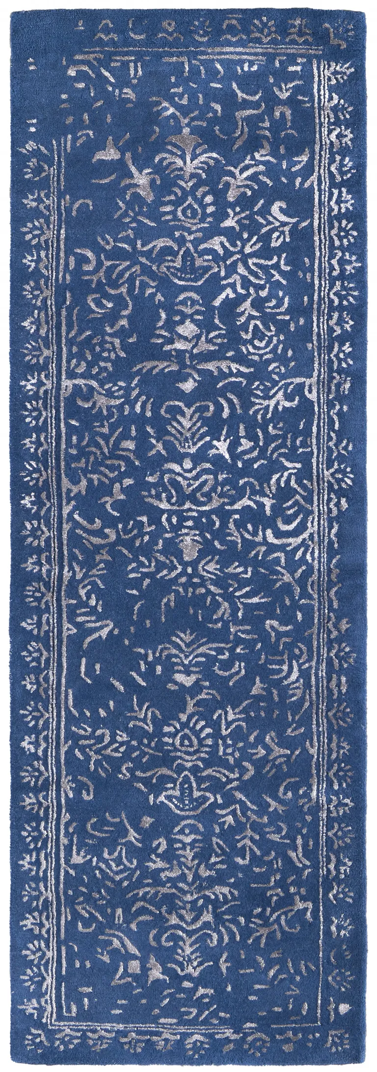 8' Blue And Silver Wool Floral Tufted Handmade Distressed Runner Rug Photo 1